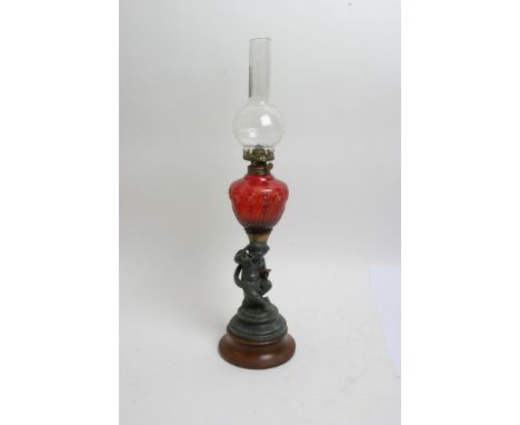 A Victorian metal cherub oil lamp with resevoir on head 