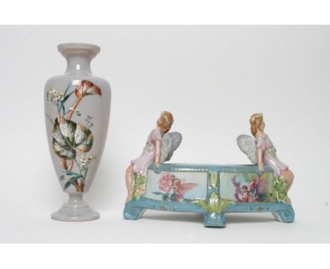 A Braithwaites Fairy planter with a Victorian painted glass vase