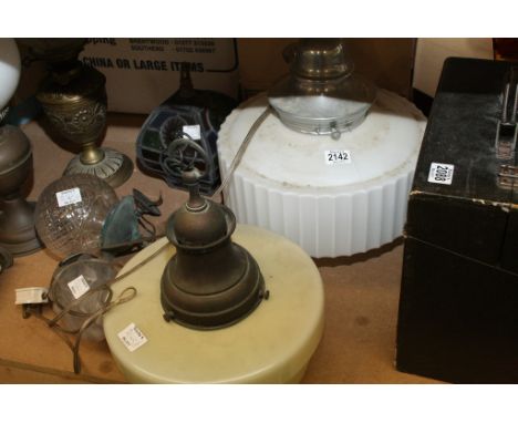 A collection of 5 light fittings including lead light and Art Deco