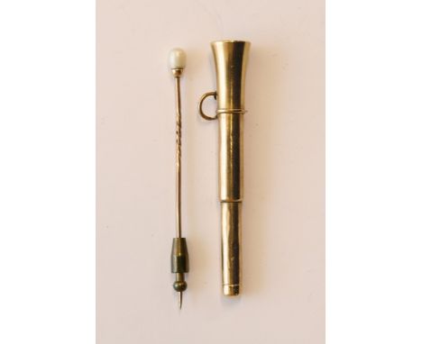 A late Victorian to early 20th century stick pin surmounted by a single pearl together with a Sampson Mordan & Co. gold cigar