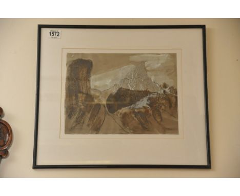 A small, framed and glazed mixed-media abstract picture on paper