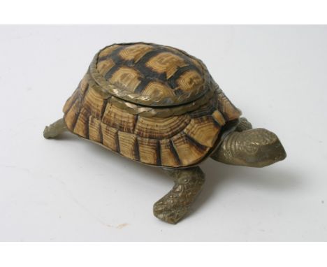 A tortoise shaped trinket box formed of real shell and brass