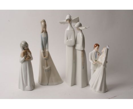 A Lladro figure of two nuns, a Royal Doulton model 'Wedding Vows HN2750' plus two other figures