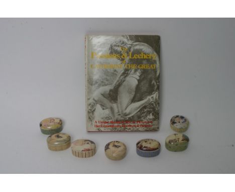 A book The Passions & Lechery of Catherine the Great together with a collection of seven erotic porcelain trinket boxes