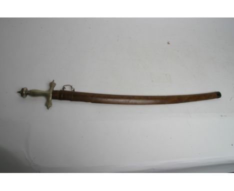 A 19th Century eastern sword with curved blade, brass hilt and a wooden scabbard 