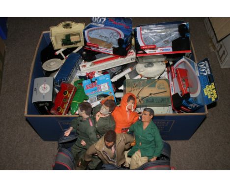 A box containing a collection of toys including  James Bond, Star Trek and various model cars, together with a case of vintag