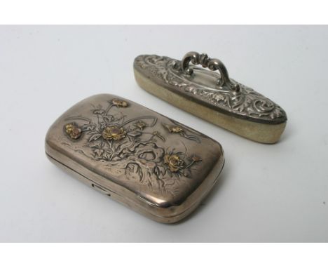 An silver and mixed metal wok oriental type cigarette case hallmarked for Birmingham and a silver backed nail buffer