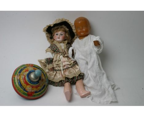 Two dolls including a 'Marie-Lou' wax type plus a Chad Valley spinning top