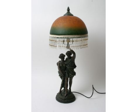 A reproduction table lamp the base in the form of two Art Nouveau style maidens with mottled glass domed shade