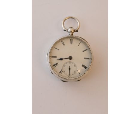 A silver cased open face key wind pocket watch with white enamel dial and Roman numerals bearing London hallmarks for 1874