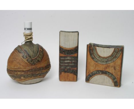 Two conforming studio pottery vases and one table lamp all by Louis Hudson