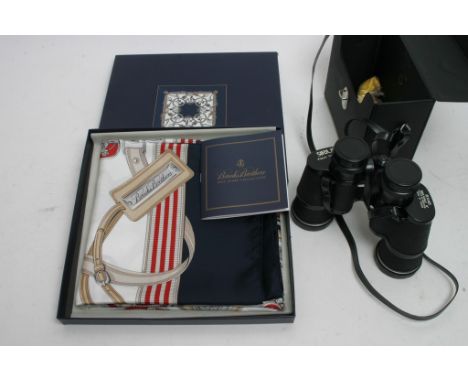 A Brooks Brothers boxed silk scarf and a pair of Sirus binoculars