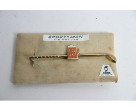 A novelty gold plated '19th hole' golfers tie pin by Stratton having enamelled frothy pint decoration