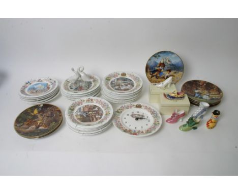A boxed Lladro set of geese, boxed Coalport shoes and Wedgwood 'Foxwood Tales' Collector's plates