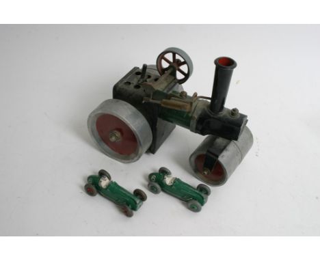 A Mamod steam engine and two playworn, dinky toy, Cooper-Bristol cars (3) 