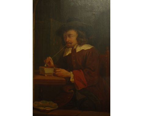 A 19th century gilt framed oil painting on panel depicting a man seated by a window and smoking a pipe, signed with initials 