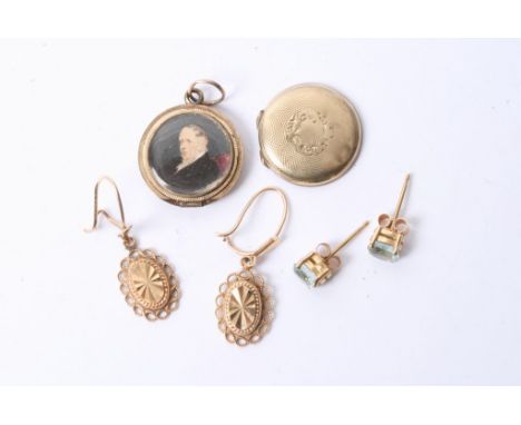 A pair of aquamarine earrings, another pair of gold drops and a portrait pendant, damaged
