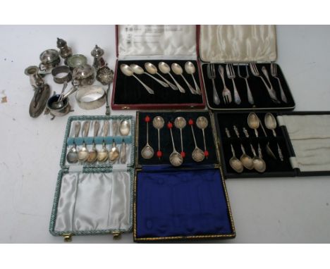 Five cased cutlery sets including two sets of silver spoons, silver odds, a plated ladle plus Mappin and Webb plated cruets