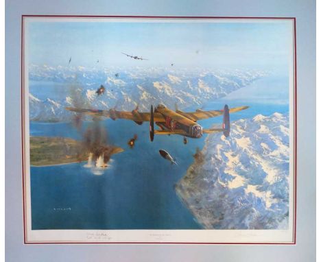 The Sinking of the Tirpitz signed print. 33.5 inches x 29 inches print by Gerald Coulson depicting an Avro Lancasterdropping 