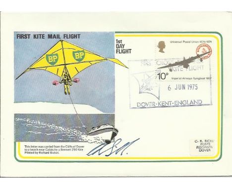  1975 First Kite Mail carried from the cliffs of Dover to a beach near Calais and signed by the glider pilot Richard Bickel. 