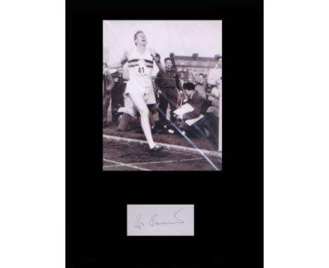 Four Minute Mile. Signature of Roger Bannister, completing the first sub-four minute mile race. Professionally mounted in bla