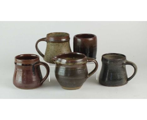 David Andrew Leach, Lowerdown Pottery, Bovey Tracey, Devon - five pieces of studio pottery comprising three mugs, a jug and a