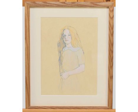 Graham Ovenden (British, b.1943), 3/4 portrait of a girl wearing a cream dress, titled verso 'Camille', 'Pencil oil over prep