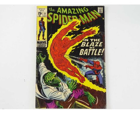 AMAZING SPIDER-MAN #77 - (1969 - MARVEL) - Spider-Man &amp; Human Torch battle the Lizard - John Romita Sr. cover with John B