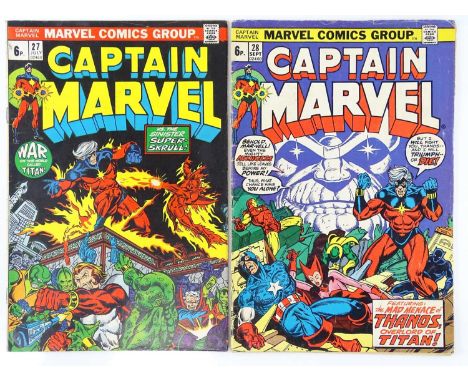 CAPTAIN MARVEL #27 &amp; 28 - (2 in Lot) - (1973 - MARVEL - UK Price Variant) - First Thanos cover + Thanos saga begins + Thi