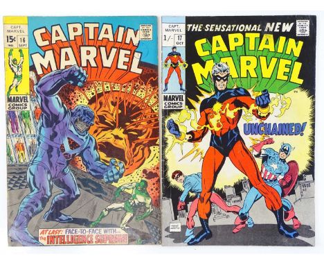 CAPTAIN MARVEL #16 &amp; 17 - (2 in Lot) - (1969 - MARVEL - US Price &amp; UK Price Variant) - New cosmic costume + Rick Jone