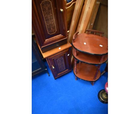 Two modern vintage style bedside cabinets and reproduction whatnot