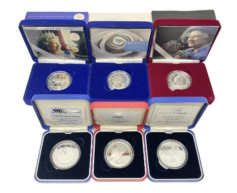 Six The Royal Mint United Kingdom silver proof five pound coins, comprising 1997 'Golden Wedding', 1997 'Diana', 1998 'His Ro