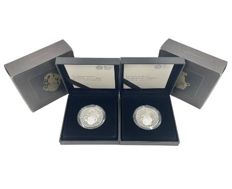 Two The Royal Mint United Kingdom 2018 'The Queen's Beasts' fine silver proof one ounce coins, comprising 'The Black Bull of 