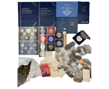 Mostly Great British coins including Elizabeth I hammered silver sixpence,  Queen Victoria 1887 crown, King George V 1931 and