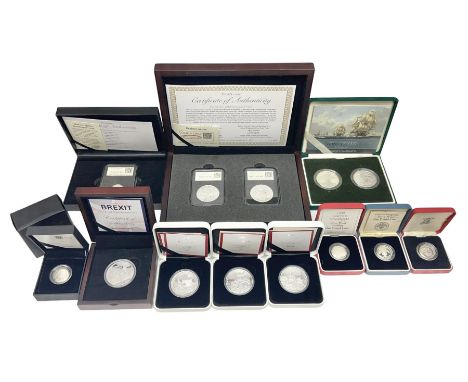 Commemorative coins and medallions including The Royal Mint United Kingdom 2005 '200th Anniversary Trafalgar' silver proof pi