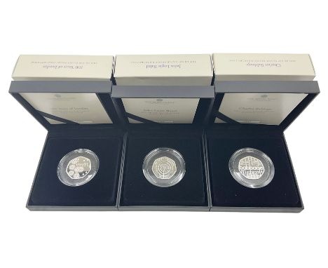 Three The Royal Mint United Kingdom 2021 silver proof piedfort fifty pence coins, comprising 'John Logie Baird', 'Charles Bab