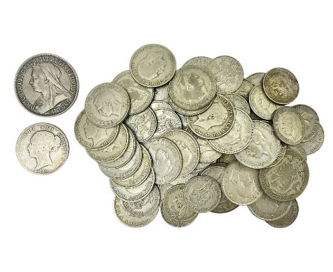 Approximately 480 grams of pre 1947 Great British silver coins and Queen Victoria 1893 crown and 1885 halfcrown coin