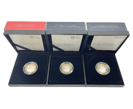 Three The Royal Mint United Kingdom 2020 silver proof piedfort two pound coins, comprising 'The 75th Anniversary of VE Day' a