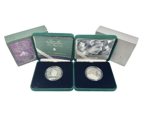 Two The Royal Mint United Kingdom silver proof piedfort five pound coins, comprising 2000 'Queen Elizabeth The Queen Mother C