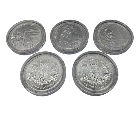 Five Queen Elizabeth II one ounce fine silver two pound coins