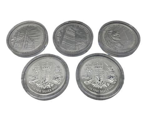 Five Queen Elizabeth II one ounce fine silver two pound coins