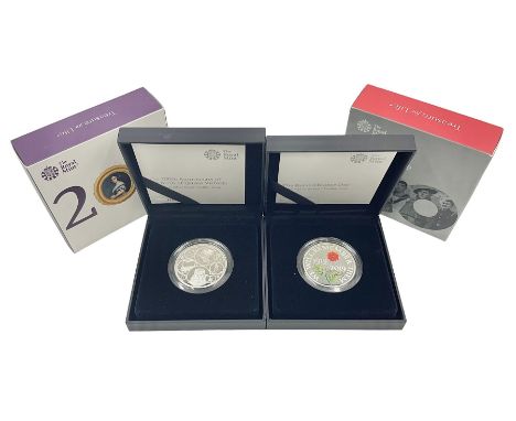 Two The Royal Mint United Kingdom 2019 silver proof piedfort five pound coins, comprising 'The Remembrance Day' and 'The 200t