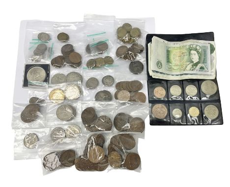 Coins and banknotes including five Queen Victoria silver sixpence coins dated 1894, two 1895, 1900 and 1901, five King George