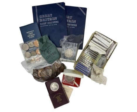 Coins including Great British and Channel Islands commemorative crowns, Britain's first decimal coin set in blue wallet, Quee
