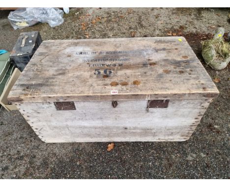 (ML) An old wooden trunk, inscribed 'Earl Of Bessborough' to top and initialled 'R D' to sides, 45.5cm high x 98cm wide. 