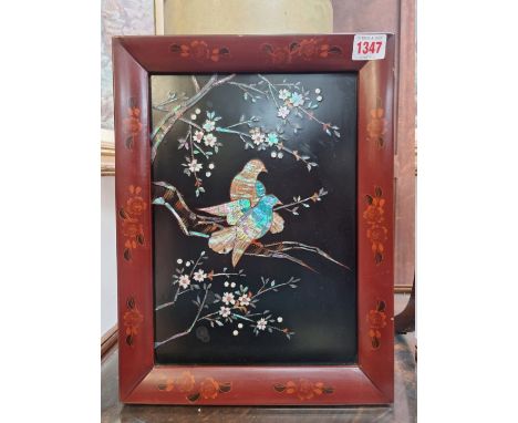 A Japanese shell and lacquer&nbsp;panel of two birds on a branch,&nbsp;the whole 36.5 x 27.5cm. 
