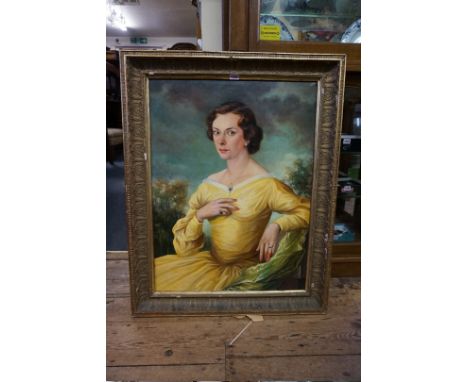 European School, circa 1950s, half length portrait of a lady wearing a yellow dress, indistinctly inscribed, oil on canvas, 7