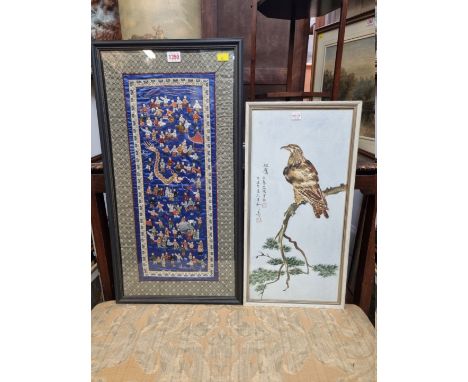 A Chinese silk embroidered '100 Boys' panel, 54&nbsp;x 22cm; together with a Chinese watercolour of an eagle, 51 x 24cm. 
