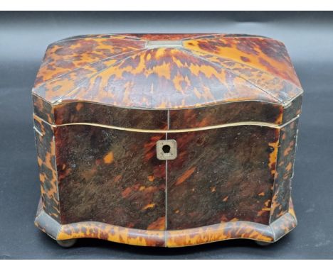 A 19th century tortoiseshell, pewter strung and ivory tea caddy,&nbsp;19.5cm wide.&nbsp;DEFRA Ivory Act submission ref: ZFNKE