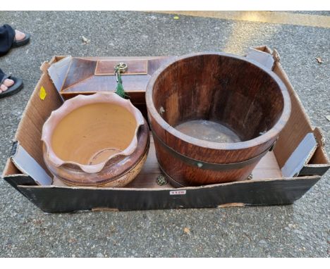 An old banded barrel; together with an old tea caddy, Doulton jardiniere and a small box.&nbsp; 